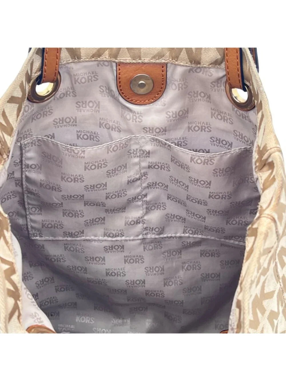 Michael Kors MK Logo Canvas Tote Bag Adjustable Leather Straps Beige Brown Gold